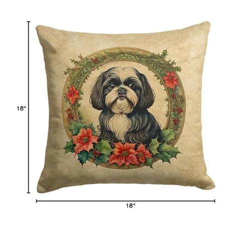 Caroline's Treasures DAC2432PW1818 Shih Tzu Christmas Flowers Throw Pillow Machine Washable, Indoor Outdoor Decorative Pillow for Couch, Bed or Patio, 18Hx18W