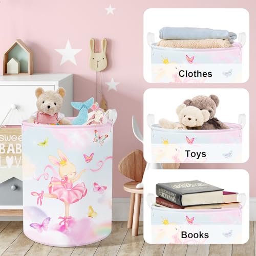 Clastyle 45L Fantasy Rabbit Ballet Dancer Collapsible Laundry Basket Pink Cloud Dancing Butterfly Dirty Clothes Hamper Round Toy Girls Storage Basket with Lid, 14.2x17.7 in