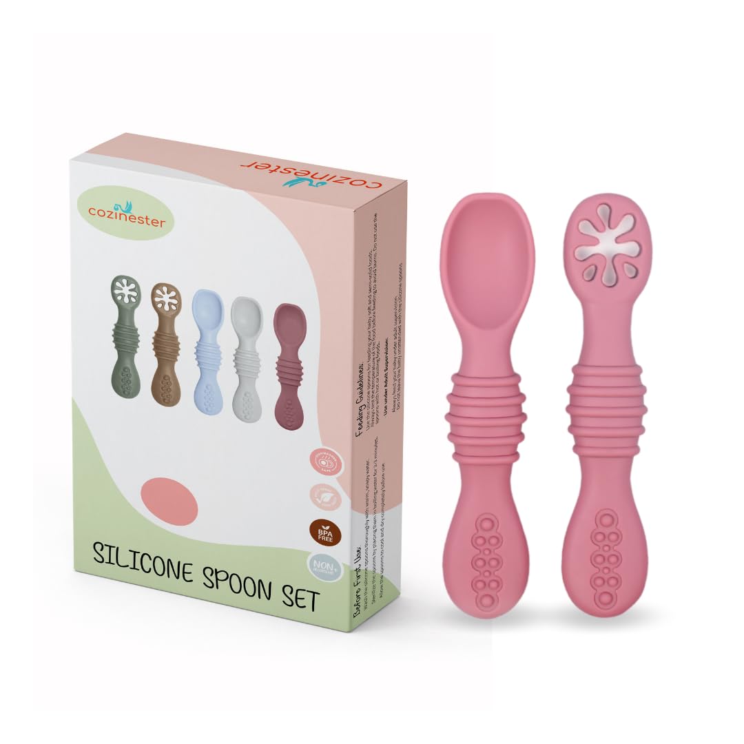 Cozinester Silicone Baby Spoon & Pre-Spoon - Baby Spoons Self Feeding 6 Months, Bendable Toddler Utensils, Baby Led Weaning Supplies | BPA Free & Boil-proof (Set of 2) (Dark Pink)