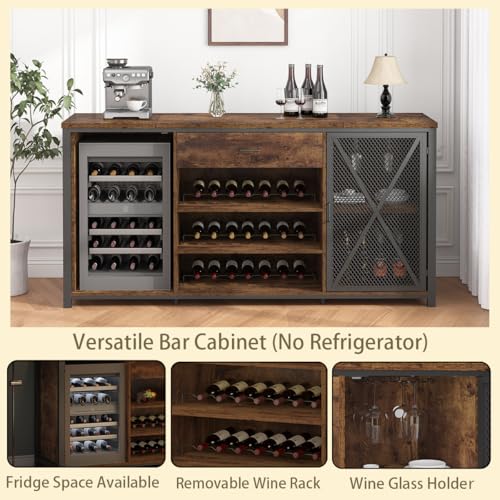 LVB Large Bar Cabinet with Fridge Space, Rustic Long Liquor Cabinet with Drawer Storage, Farmhouse Wood Metal Wine Cabinet with Rack, Sideboard Buffet for Kitchen Dining Room, Rustic Brown, 70 Inch