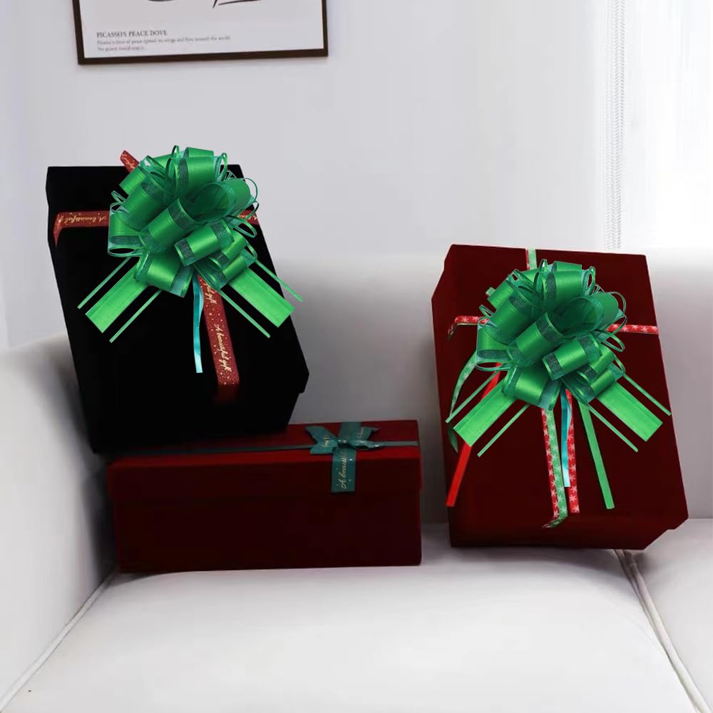 HSXJJ 6 Pcs Large Gift Bow,Pull Bows for Gift Wrapping,6 inches,Basket and Wedding Decoration,Holiday and Birthday Presents Wrapping Bows,Christmas Bows for Gift Wrapping(Green)