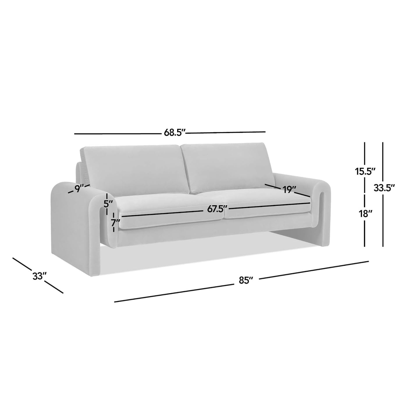 Jennifer Taylor Home Mason 85" Fully Upholstered Performance Velvet Comfortable Arched Arm Modern Living Room Lounge Sofa Couch