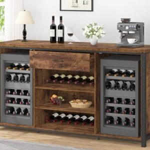 LVB Large Bar Cabinet with Fridge Space, Rustic Long Liquor Cabinet with Drawer Storage, Farmhouse Wood Metal Wine Cabinet with Rack, Sideboard Buffet for Kitchen Dining Room, Rustic Brown, 70 Inch