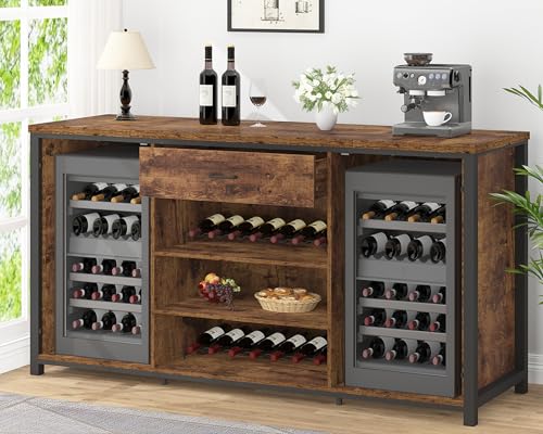 LVB Large Bar Cabinet with Fridge Space, Rustic Long Liquor Cabinet with Drawer Storage, Farmhouse Wood Metal Wine Cabinet with Rack, Sideboard Buffet for Kitchen Dining Room, Rustic Brown, 70 Inch