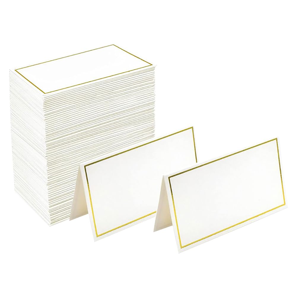 ccHuDE 50 Pcs Small Table Cards Wedding Place Cards White Name Cards Blank Seating Cards Party Table Tent Cards Place Setting Cards with Foil Border Golden