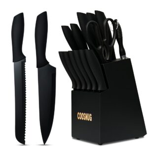 coosnug knife sets for kitchen with block japanese stainless steel kitchen knife set, sharp knife block set with non-slip ergonomic handle,chef knife set (black)