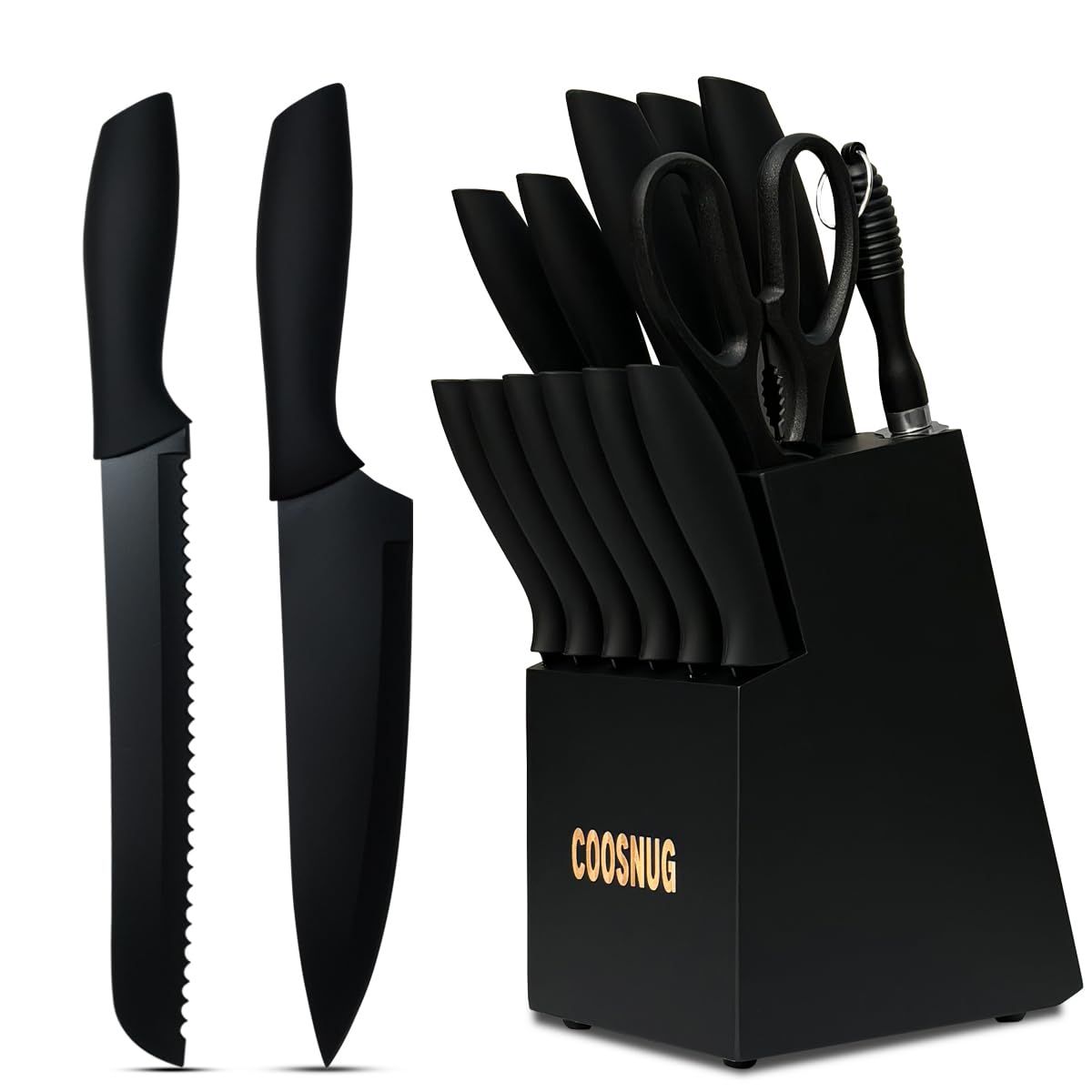 COOSNUG Knife Sets for Kitchen with Block Japanese Stainless Steel Kitchen Knife Set, Sharp Knife Block Set with Non-slip Ergonomic Handle,Chef Knife Set (Black)