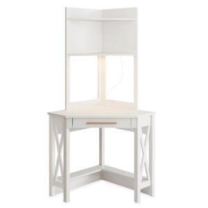 belleze corner desk with hutch, compact home office desk with display shelf and drawer, space saving writing desk with charge outlets and led lights for living room, bedroom - tate (white)