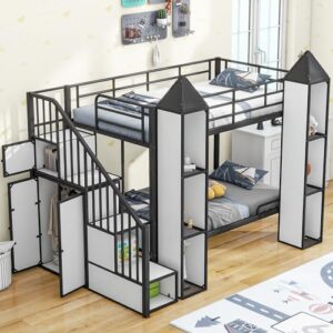 bovza castle shaped bunk bed with wardrobe and multiple storage, twin over twin metal bunk bed frame with storage staircase and guardrails for kids boys girls teens, black+white