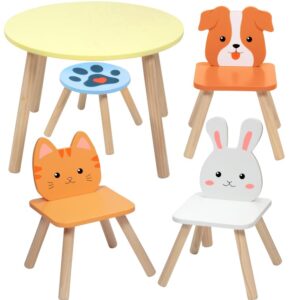 kids wooden animal table & chair set w 4 seats- puppy kitten bunny plus adult stool for arts crafts, dining, pretend play- durable playroom furniture for home, daycare classroom- toddler xmas gift