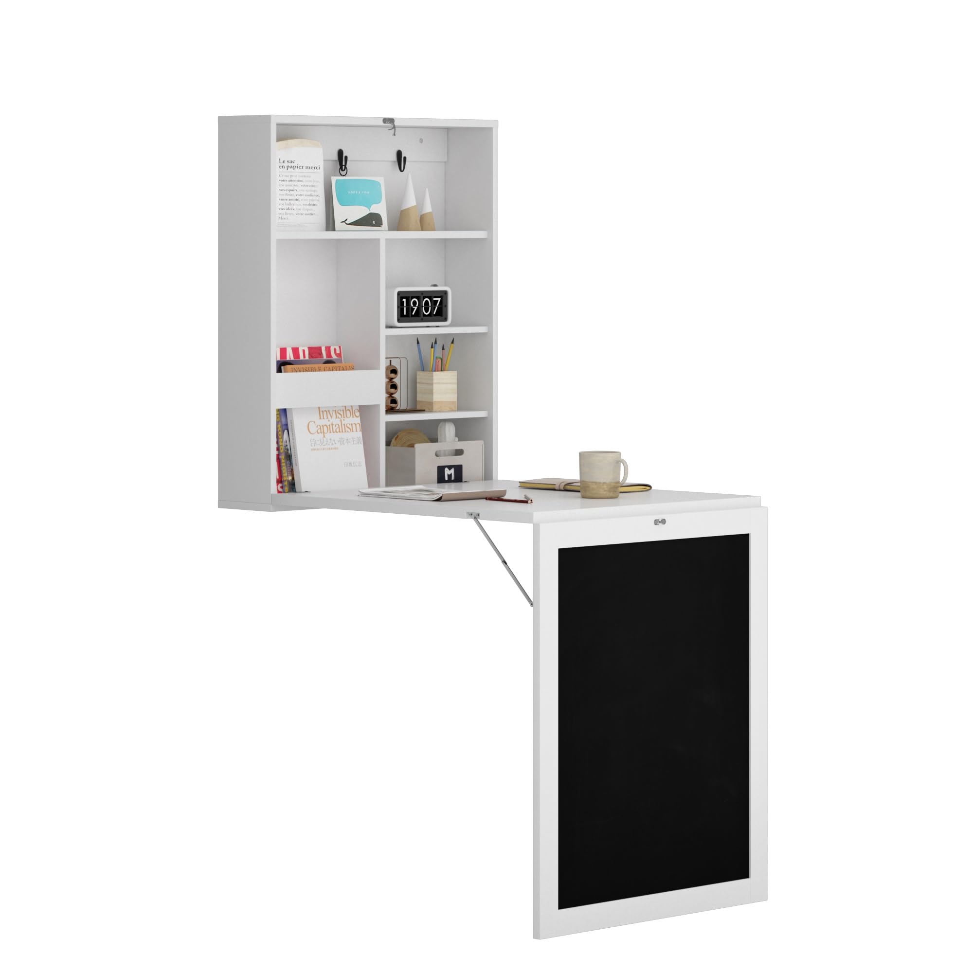 JAXPETY Wall Mounted Fold Out Desk with Storage Shelves Convertible Floating Desk Space Saving Wall Mount Table with Blackboard, White