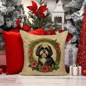 Caroline's Treasures DAC2432PW1818 Shih Tzu Christmas Flowers Throw Pillow Machine Washable, Indoor Outdoor Decorative Pillow for Couch, Bed or Patio, 18Hx18W