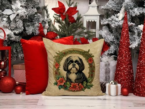 Caroline's Treasures DAC2432PW1818 Shih Tzu Christmas Flowers Throw Pillow Machine Washable, Indoor Outdoor Decorative Pillow for Couch, Bed or Patio, 18Hx18W