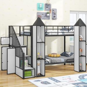 BOVZA Castle Shaped Bunk Bed with Wardrobe and Multiple Storage, Twin Over Twin Metal Bunk Bed Frame with Storage Staircase and Guardrails for Kids Boys Girls Teens, Black+White