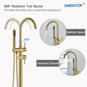 Freestanding Bathtub Faucet Floor Mount Tub Filler Brush Gold, OMEKNTOP Modern Freestanding Tub Faucet with 360 Swivel Gooseneck Spout and Handheld Shower, Standing Tub Faucet for Bathroom