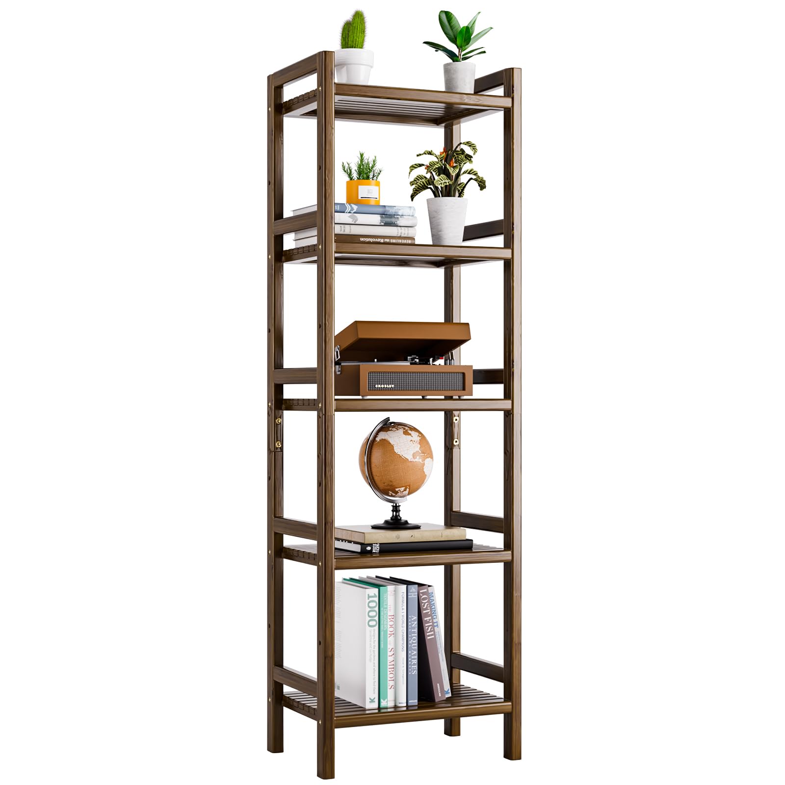 HITNET Bamboo Book Shelf, Tall Narrow Bookcase, Bathroom Shelving Unit 5 Tier Floor Standing Adjustable Bookshelf for Small Spaces, Walnut