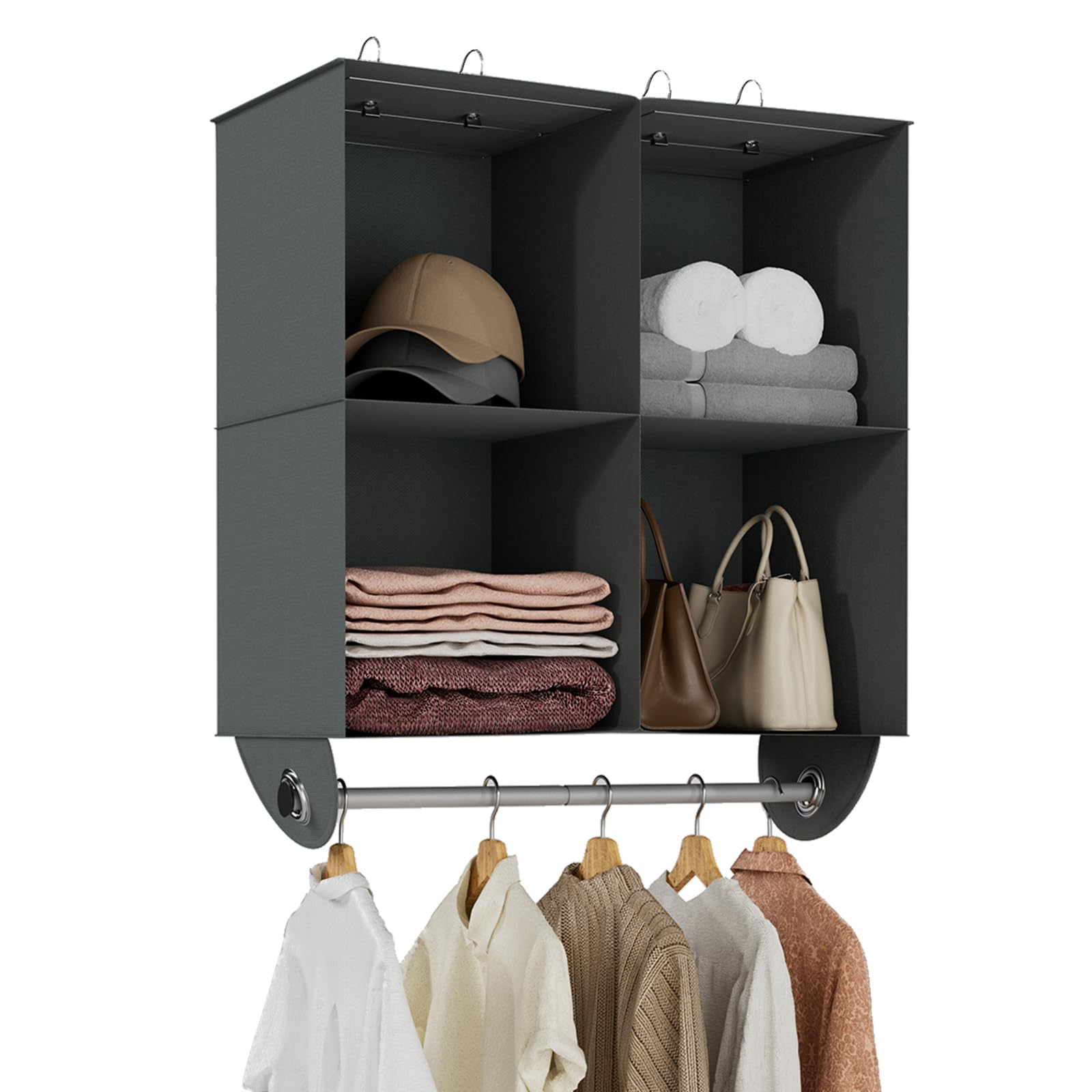 YOUDENOVA 4-Section Hanging Closet Organizer and Storage, Heavy Duty Hanging Shelves with Rod, Closet Storage for College Dorms, RV, Dark Grey