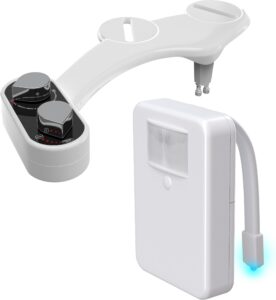 clear rear bidet attachment & lumilux toilet light (1 pack) - transform your bathroom with self-cleaning dual nozzle bidet - enhance ambiance with 16-color led motion-sensing toilet bowl light