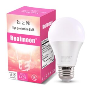 realmoon full spectrum sun light bulb - a19 9w, boosts energy, mood & performance, near-perfect color rendering, imitate sunlight indoors for a happy life, american pry led beads,cri of 98+