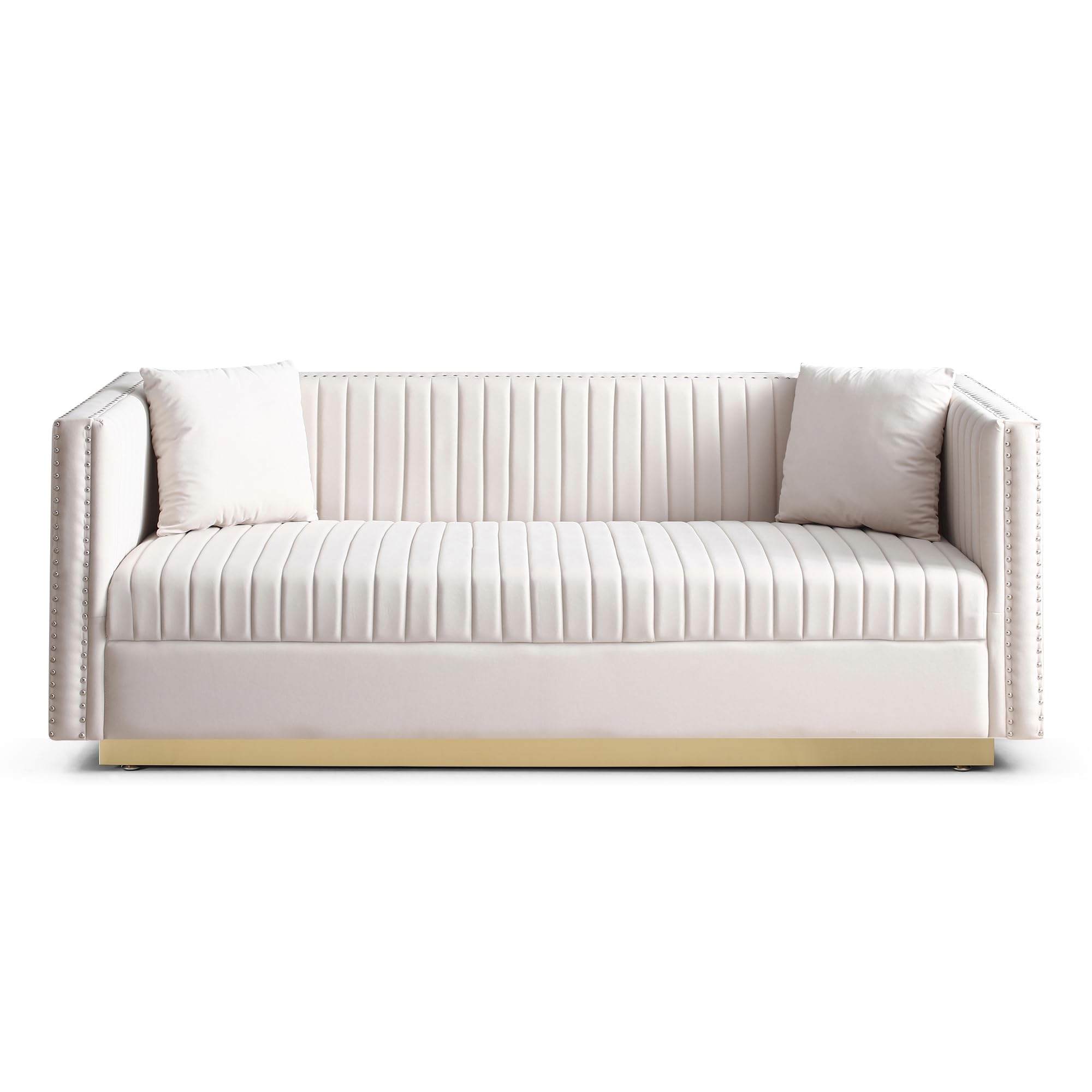 mikibama Modern Velvet Loveseat Sofa, 78 Inch Channel Tufted Sofa Couch, Luxury 3 Seater Couch with 2 Pillows and Gold Metal Legs for Living Room, Bedroom, Apartment (Beige)