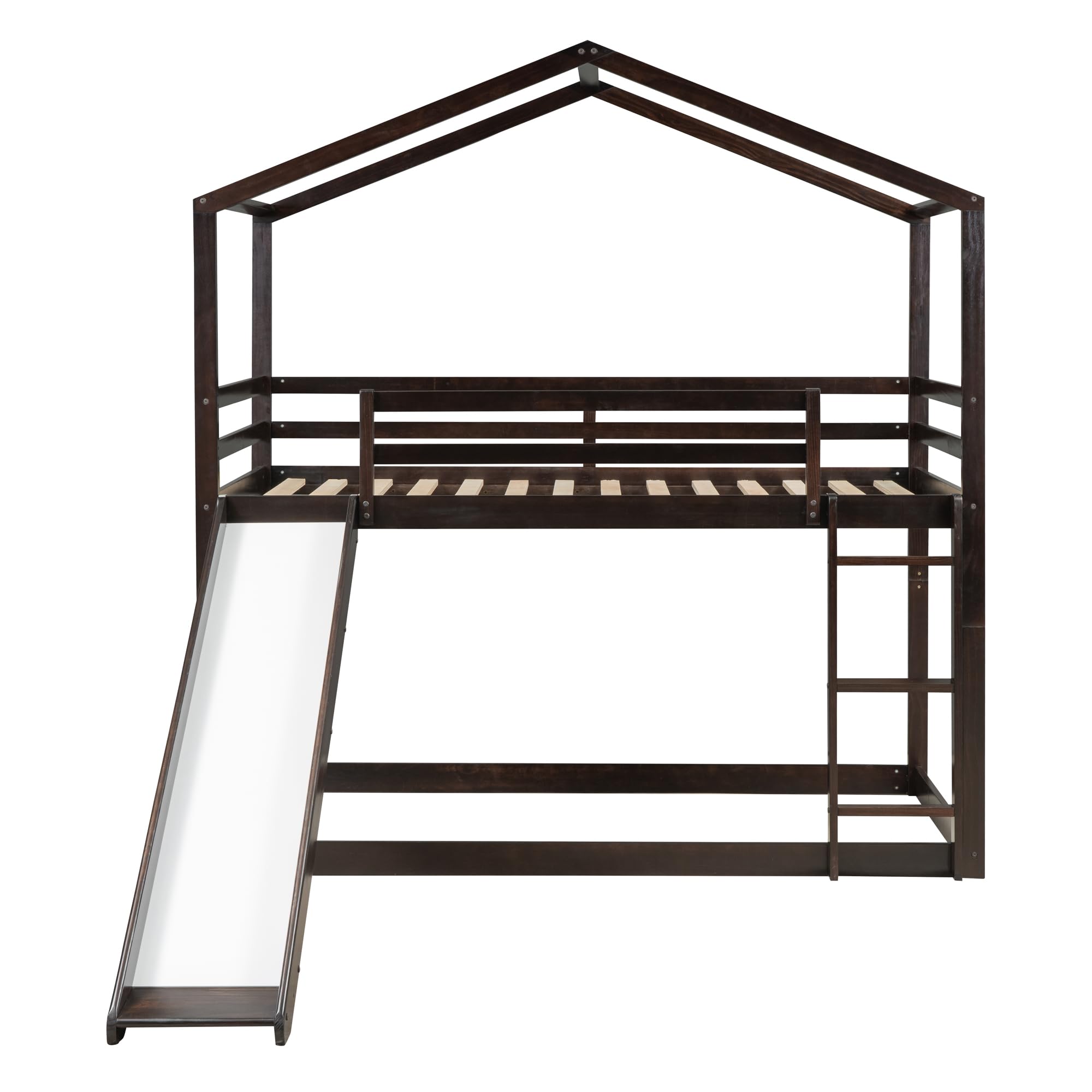 LostCat Twin Over Twin House Bunk Bed with Slide, Ladder, and Roof, Twin Size Wood Bed Frame with Safety Guardrail for Kids, Teens, Boys, Girls, Wooden Slats Support, No Box Spring Needed, Espresso