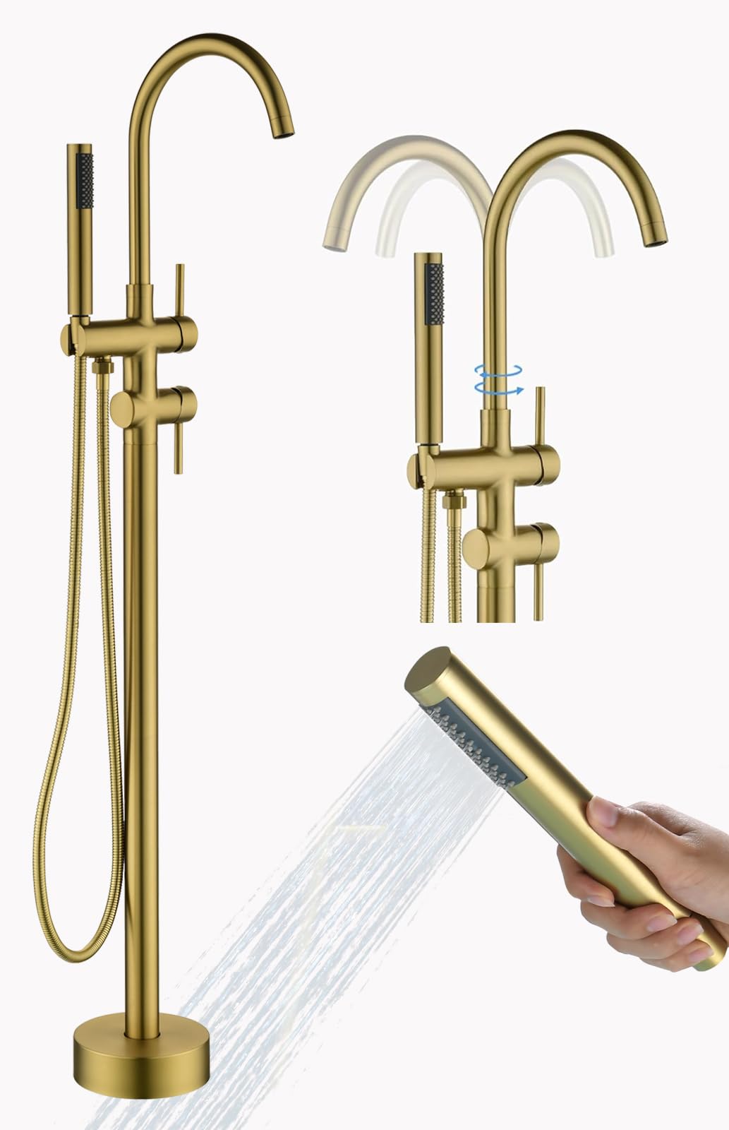 Freestanding Bathtub Faucet Floor Mount Tub Filler Brush Gold, OMEKNTOP Modern Freestanding Tub Faucet with 360 Swivel Gooseneck Spout and Handheld Shower, Standing Tub Faucet for Bathroom