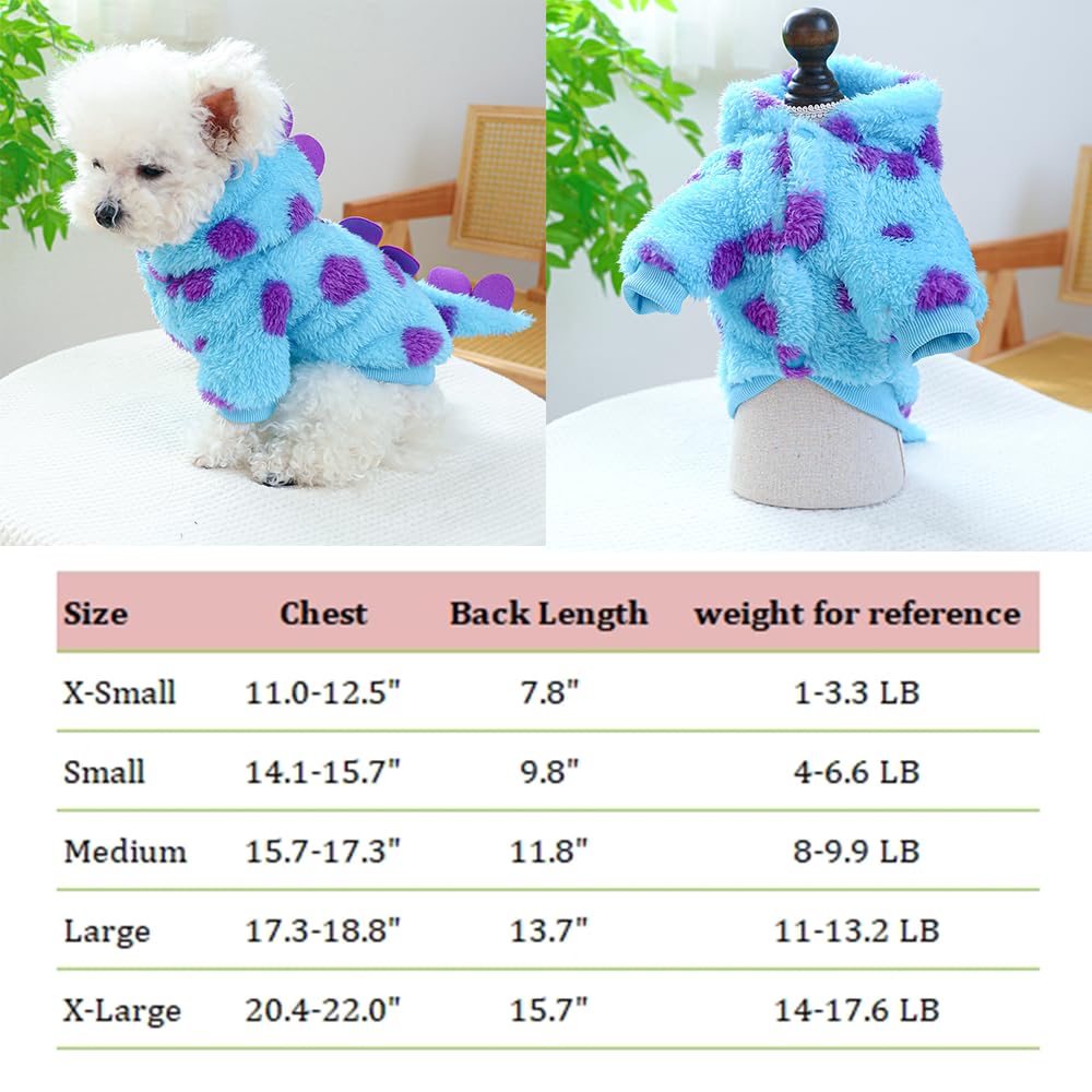 Anelekor Dinosaur Dog Clothes for Small Dog Girl Boy,Fleece Winter Puppy Hoodies with Leash Ring,Cold Weather Coat for Cat,Funny Dog Dinosaur Costume for Christmas Halloween. (Blue-2, X-Small)