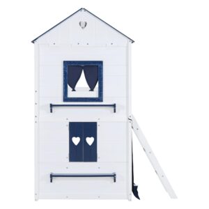 Merax Twin Over Twin Bunk Wood House Bed with Elegant Windows, Sills and Tent, Blue+White