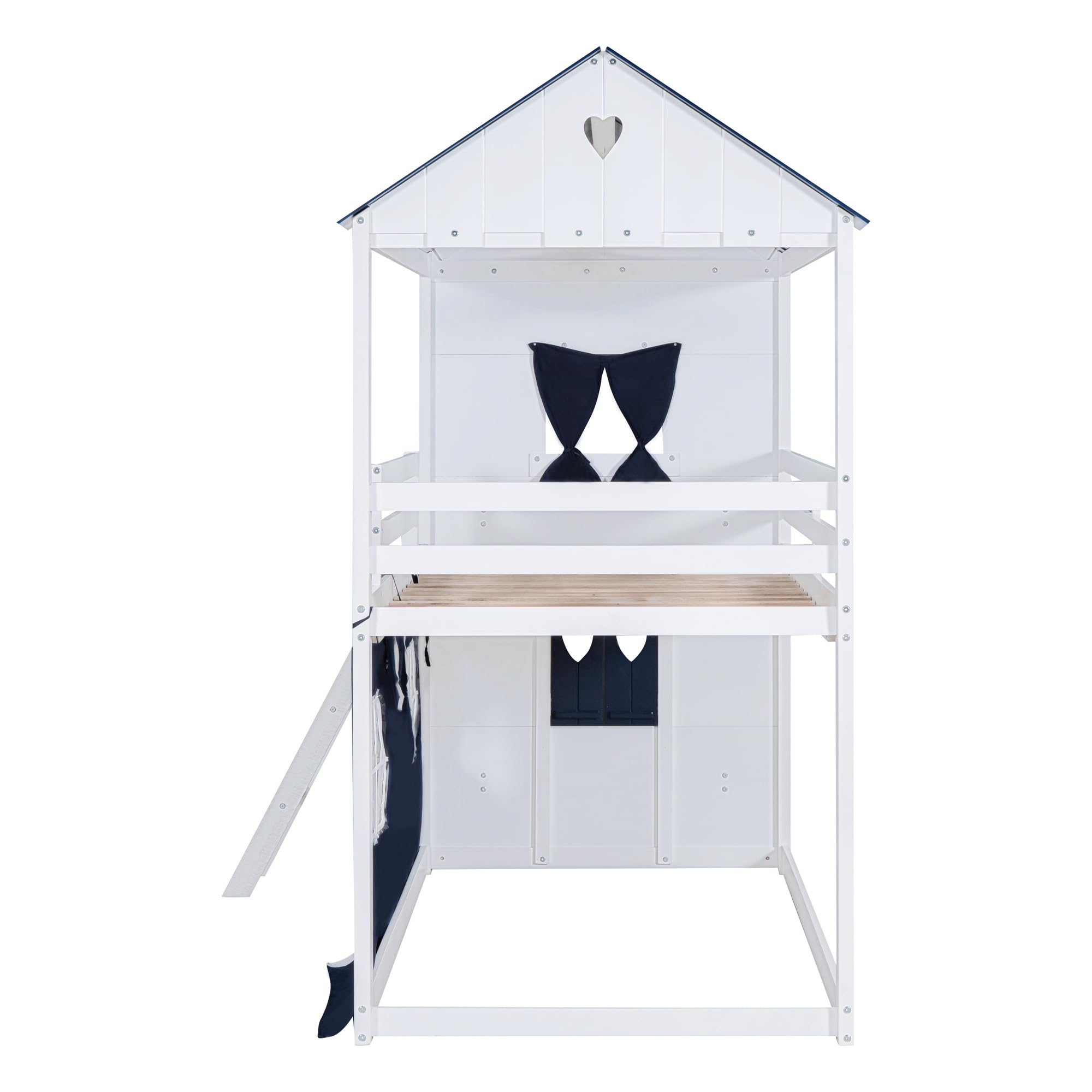 Merax Twin Over Twin Bunk Wood House Bed with Elegant Windows, Sills and Tent, Blue+White