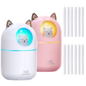 2pcs small humidifier 2pcs cute portable cool mist humidifier with 12 2pcs humidifier sticks 7 color night light usb air humidifier for bedroom office desk,car,travel (pink+white+12 filter sticks)