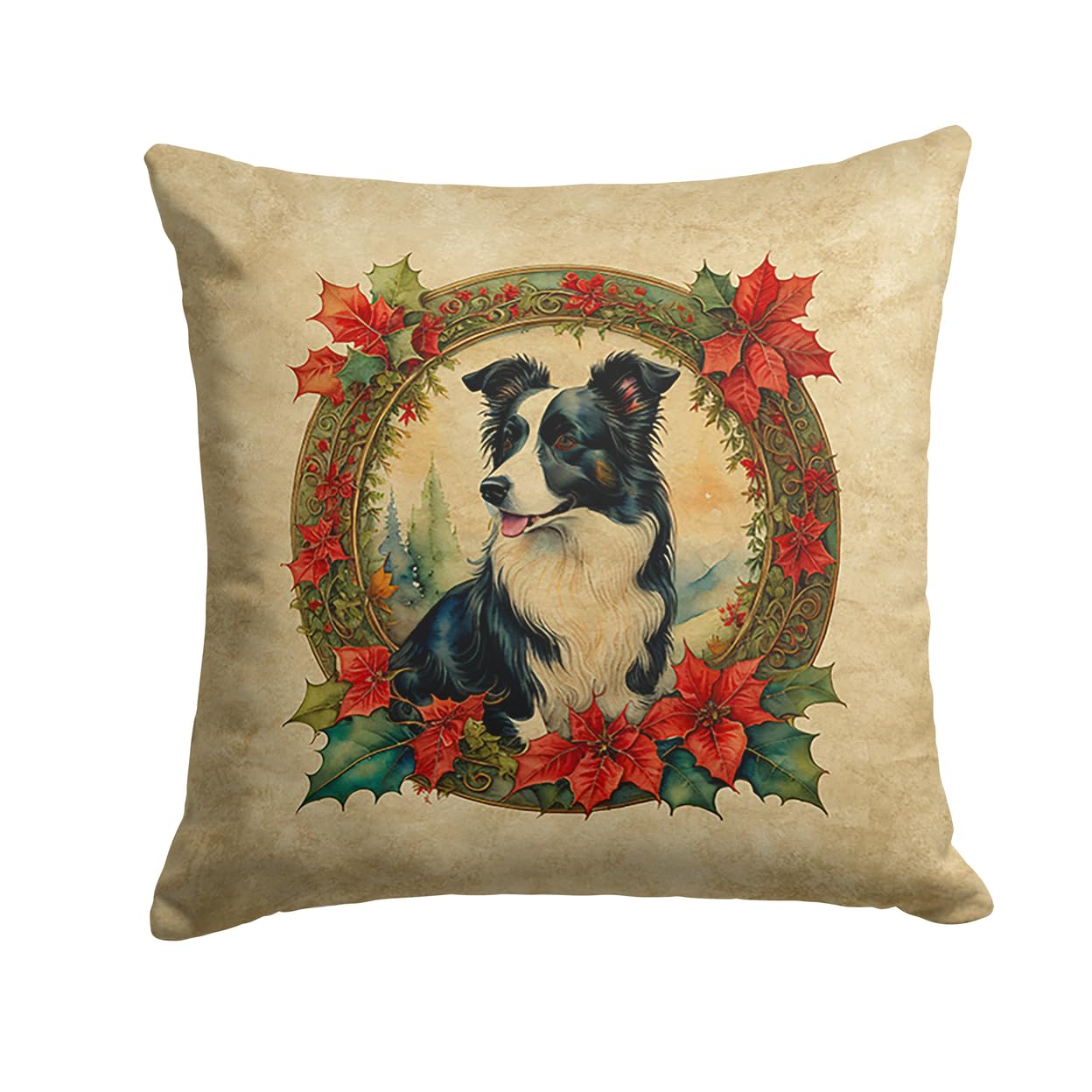 Caroline's Treasures DAC2324PW1414 Border Collie Christmas Flowers Throw Pillow Machine Washable, Indoor Outdoor Decorative Pillow for Couch, Bed or Patio, 14Hx14W