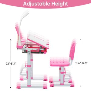 Real Relax Height Adjustable Childrens Desk and Chair Set, Kid's School Workstation with Tilt Desktop, Pink