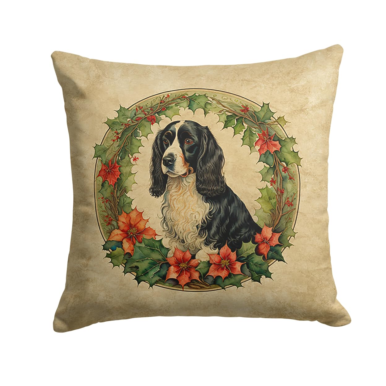 Caroline's Treasures DAC2443PW1414 Welsh Springer Spaniel Christmas Flowers Throw Pillow Machine Washable, Indoor Outdoor Decorative Pillow for Couch, Bed or Patio, 14Hx14W