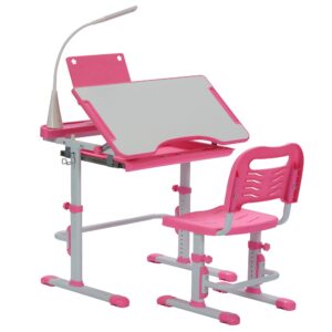 real relax kids desk and chair set, height adjustable children's school study writing tables with tilt desktop, led light, storage drawer, metal hook, book stand, pink