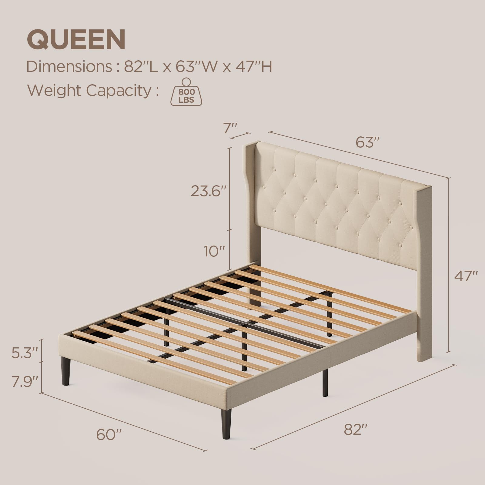 Aiho Queen Size Bed Frame with Headboard, Upholstered Bed Frame with Solid Wooden Slats, Under Bed Storage, No Box Spring Needed, Noise-Free, Easy Assembly, Beige