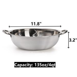 Peohud Stainless Steel Hot Pot with Divider, 12 Inches Double-flavor Shabu Shabu Pot with Ladle and Slotted Spoon, Dual Sided Soup Cookware for Induction Cooktop Gas Stove