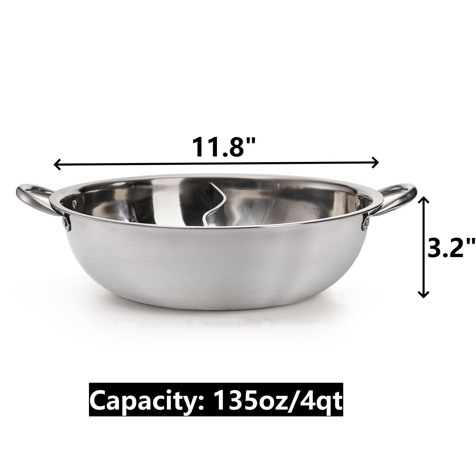 Peohud Stainless Steel Hot Pot with Divider, 12 Inches Double-flavor Shabu Shabu Pot with Ladle and Slotted Spoon, Dual Sided Soup Cookware for Induction Cooktop Gas Stove