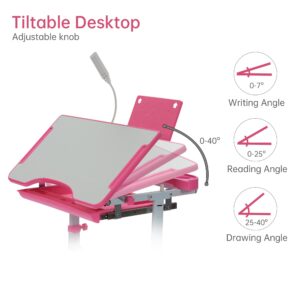 Real Relax Kids Desk and Chair Set, Height Adjustable Children's School Study Writing Tables with Tilt Desktop, LED Light, Storage Drawer, Metal Hook, Book Stand, Pink