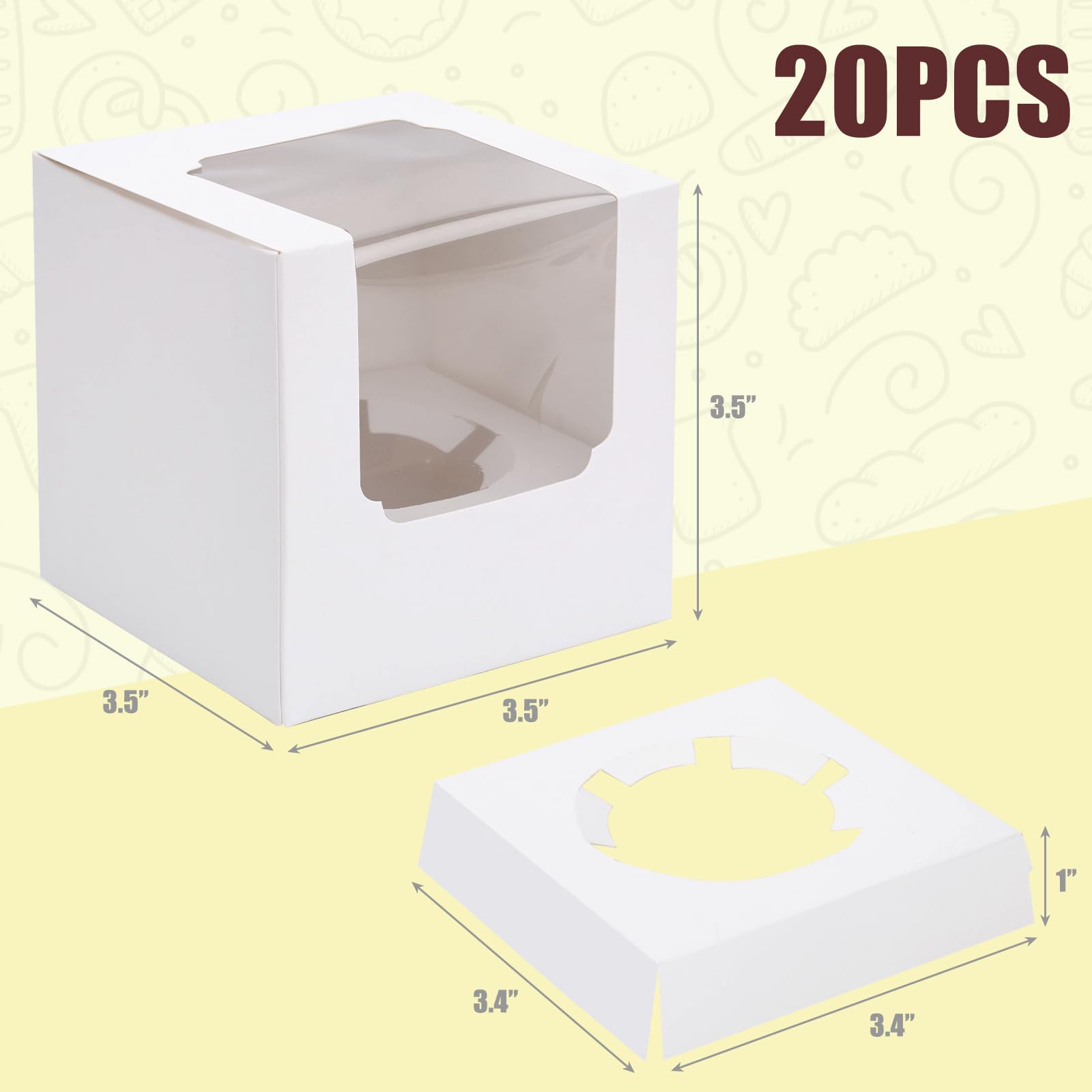 JOHOUSE 20PCS Cupcake Boxes, 3.5"x3.5"x3.5" Individual Cupcake Containers Pre-Assembled Containers with Window and Inserts for Wedding Baby Shower Birthday Gifting