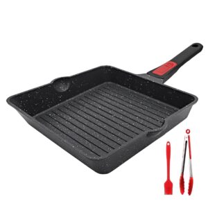 aikenbbkk nonstick square grill pan 9.5 inch, cast aluminium steak pan with detachable handle, oven& dishwasher safe, double pour spouts, black