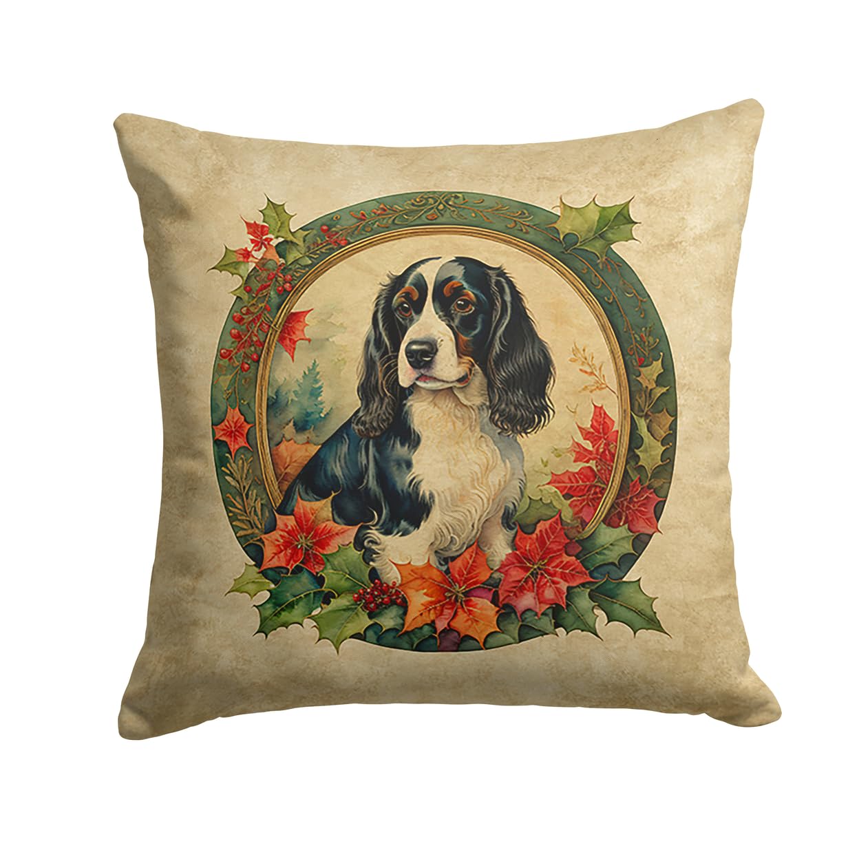 Caroline's Treasures DAC2359PW1414 English Springer Spaniel Christmas Flowers Throw Pillow Machine Washable, Indoor Outdoor Decorative Pillow for Couch, Bed or Patio, 14Hx14W