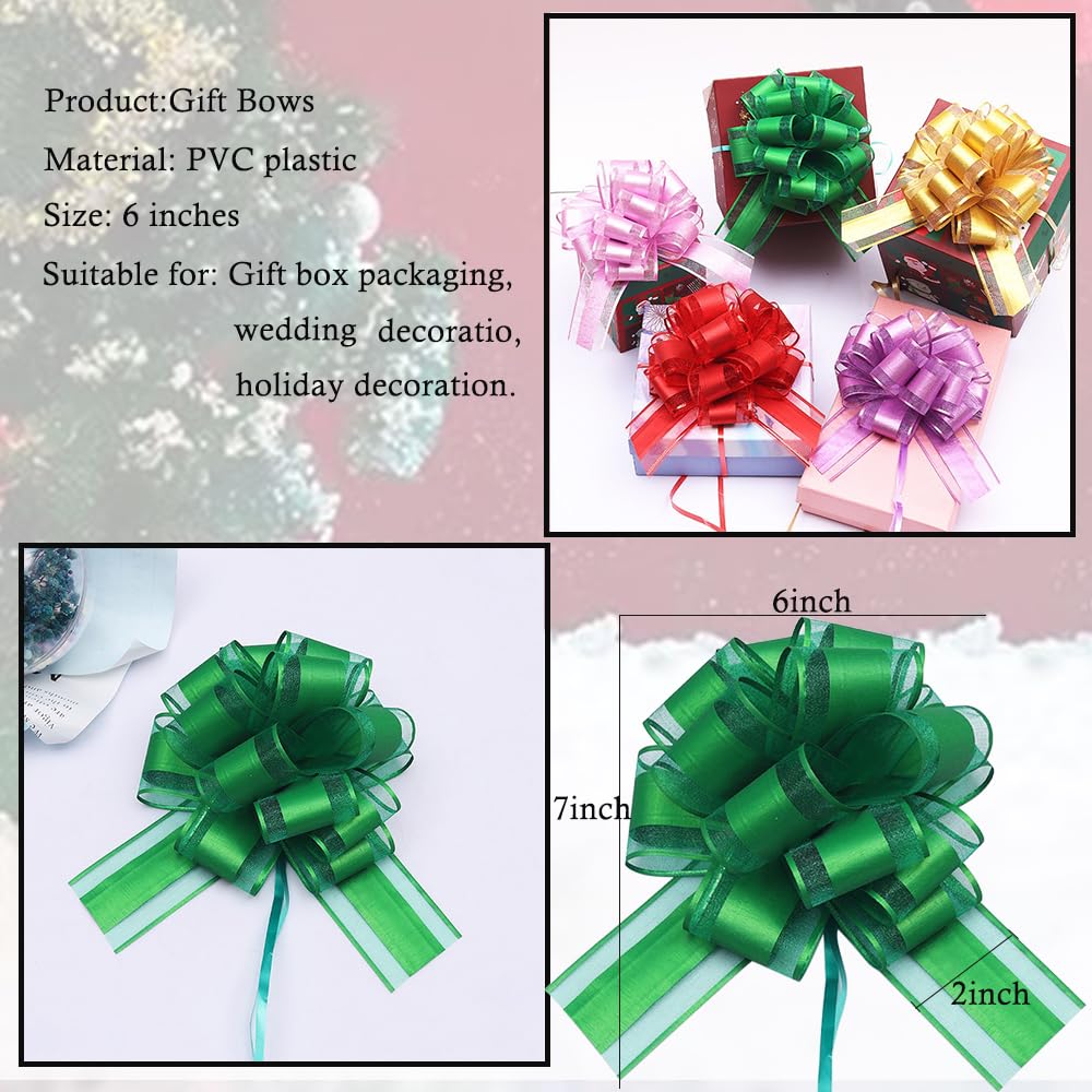 HSXJJ 6 Pcs Large Gift Bow,Pull Bows for Gift Wrapping,6 inches,Basket and Wedding Decoration,Holiday and Birthday Presents Wrapping Bows,Christmas Bows for Gift Wrapping(Green)