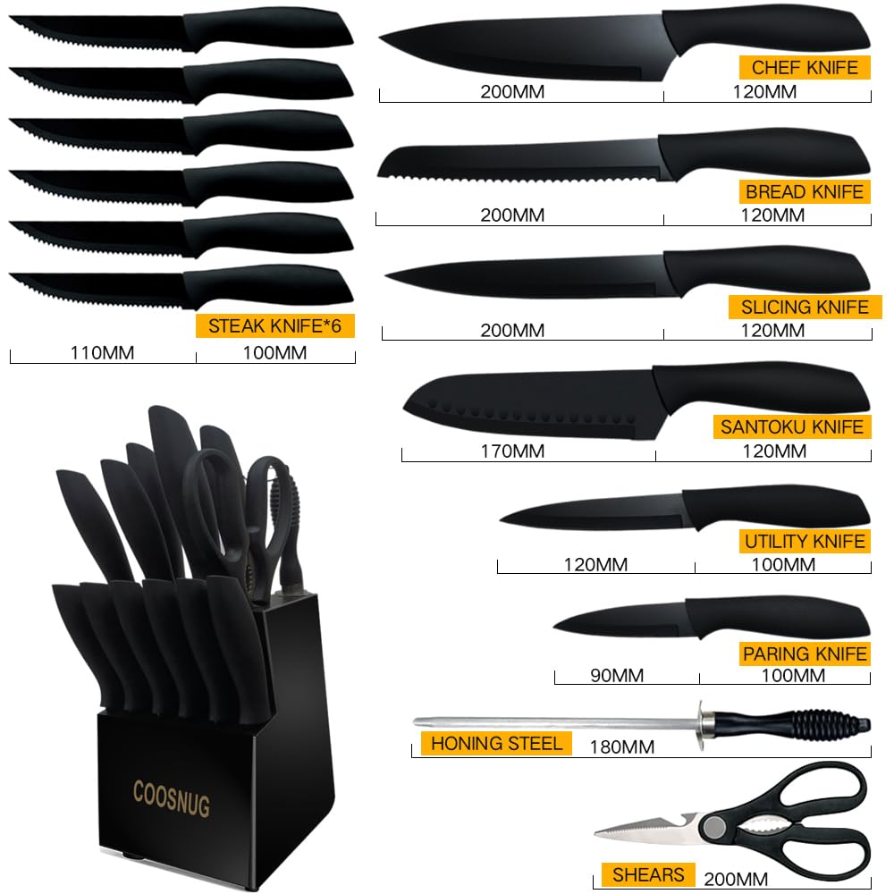 COOSNUG Knife Sets for Kitchen with Block Japanese Stainless Steel Kitchen Knife Set, Sharp Knife Block Set with Non-slip Ergonomic Handle,Chef Knife Set (Black)