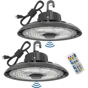 hyperlite 150w smart high bay led shop lights 2pack, 140lm/w 5000k led high bay lights with 1pack remote control & 2pack motion sensor, 120-277v high bay led lighting for garage workshop gym