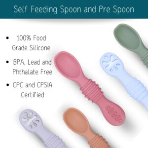 Cozinester Silicone Baby Spoon & Pre-Spoon - Baby Spoons Self Feeding 6 Months, Bendable Toddler Utensils, Baby Led Weaning Supplies | BPA Free & Boil-proof (Set of 2) (Dark Pink)