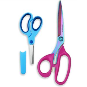 left handed scissors set of 2 pack (9" heavy duty titanium coating fabric shears & 5" small scissors) for sewing/crafting/school/office use, ideal for arts/crafts/leather/paper, left handed gifts