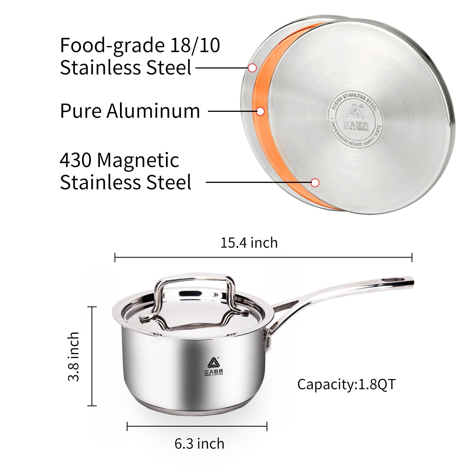 Sauce Pan with Lid, 1.8 Quart Stainless Steel Saucepan with Handle, 18/8 Tri-Ply Stainless Steel Heavy Bottom，Multipurpose Cooking Pot, Suitable Induction/Electric Gas Cooktops, Dishwasher Oven Safe