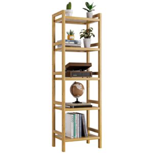 hitnet tall narrow bookshelf, 5 tier bathroom shelf bamboo, floor standing display storage organizer for small space, adjustable shelves, natural wood bookcase