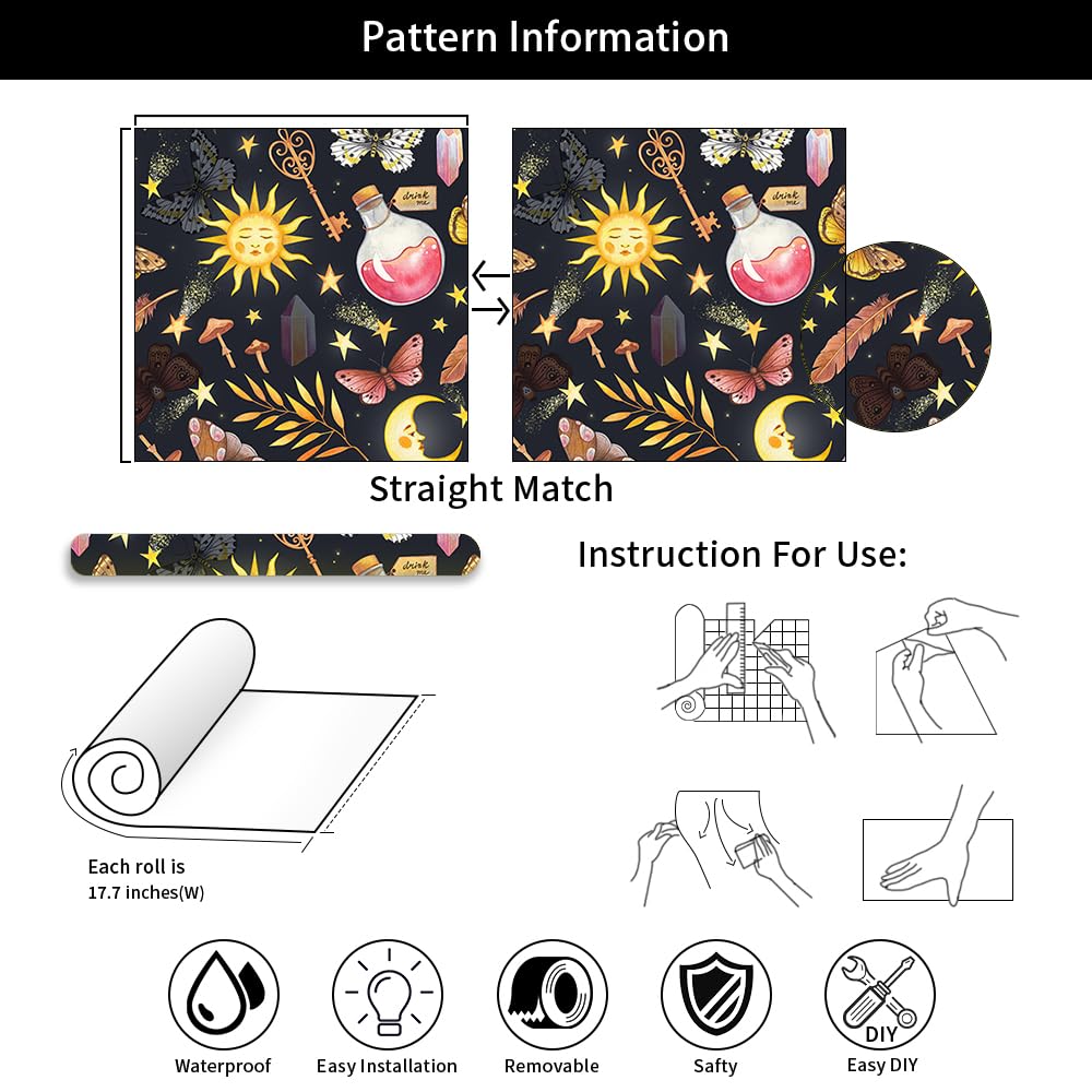 BEETAL Black Navy Fantasy Magical Sun Moon Crystal Butterfly Mushroom Stars Peel and Stick Wallpaper Easy Peel Off Contact Paper Stick on Adhesive Wall Paper for Bathroom Waterproof Renter