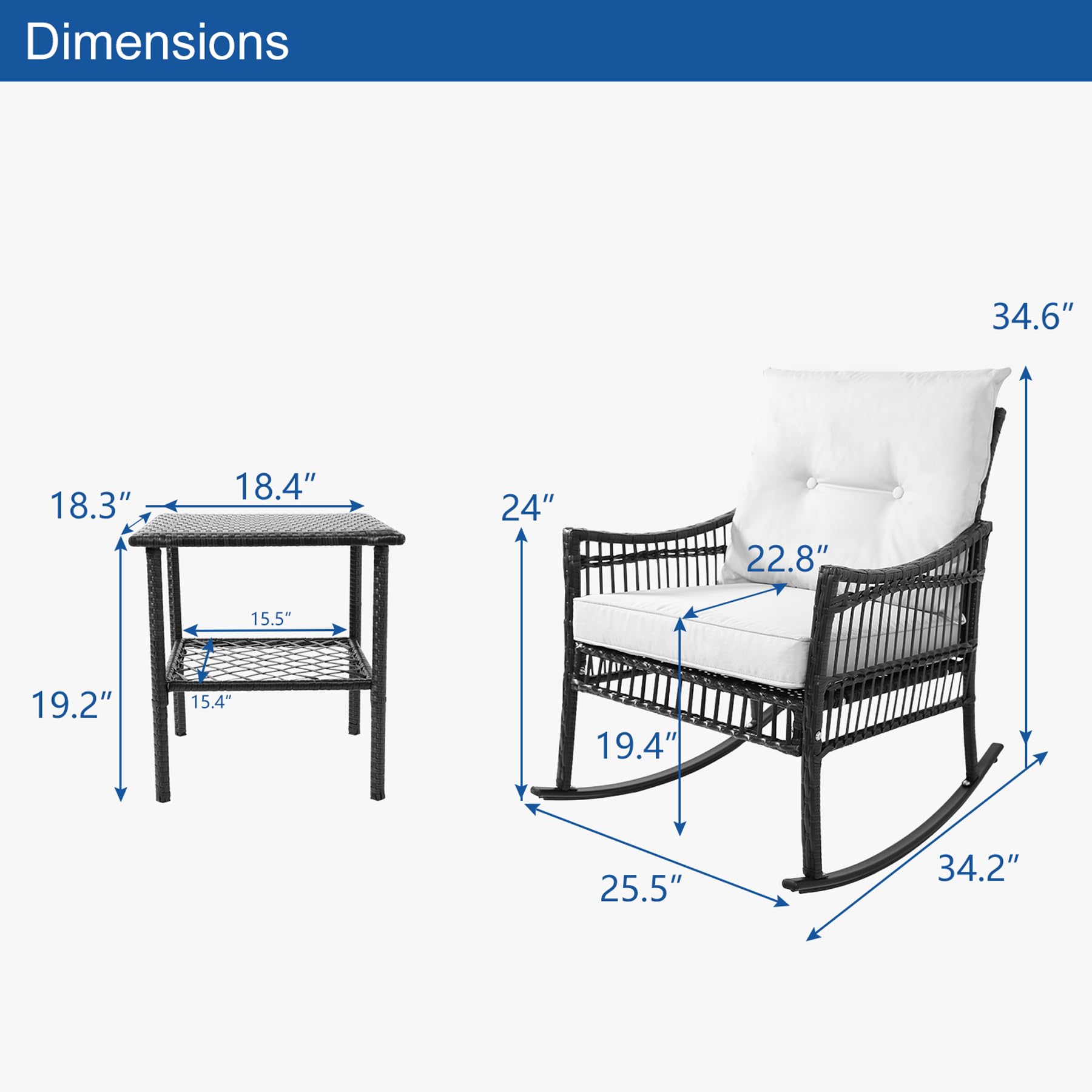 CIRMUBUY 3 Pieces Patio Furniture Set, Outdoor Rocking Chairs Set of 2, Wicker Cushioned Patio Rocker with Side Table for Porch, Garden, Poolside & Deck, Beige